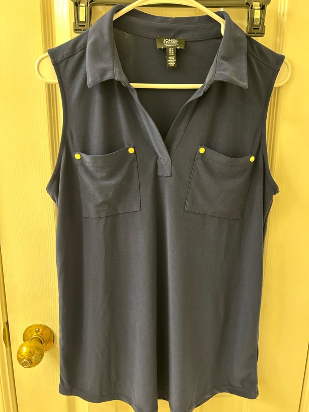 Jones New York Navy Sleeveless Polo Shell with Yellow Studs